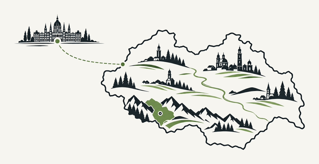 Ilustracja przebiegu trasy z Podhala przez Słowację w stronę Budapesztu