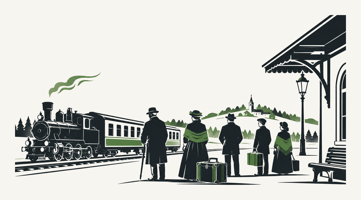 Ilustracja peronu z parowozem i pasażerami w strojach z epoki
