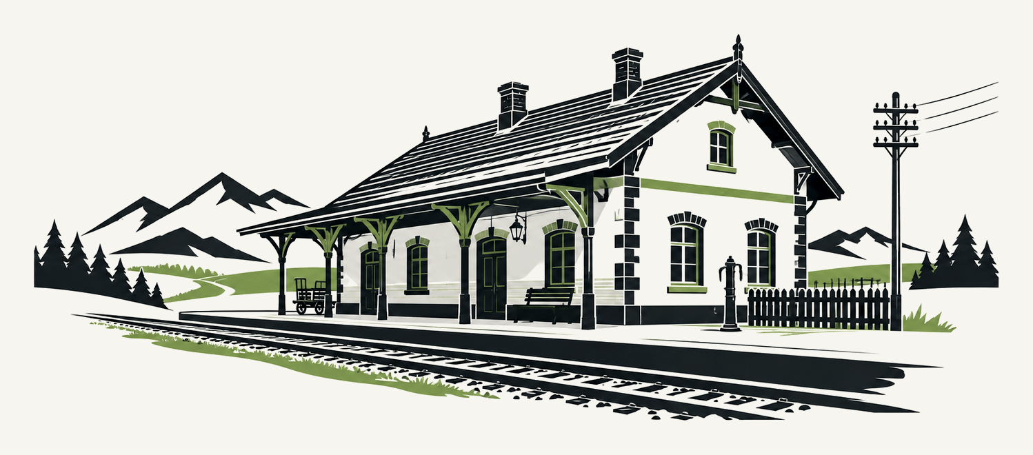 Ilustracja dawnego budynku stacji kolejowej z peronem i torami na tle gór